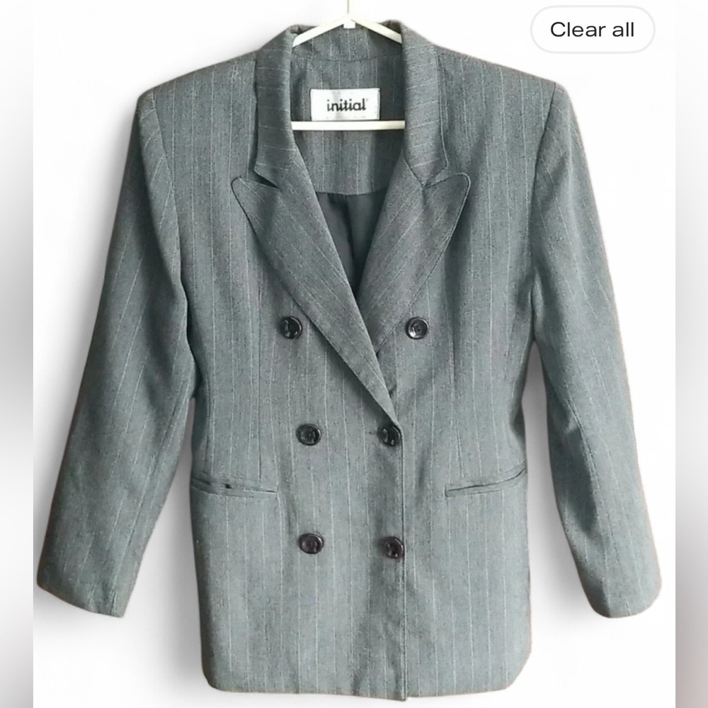 🇨🇦 Vintage 80s Grey Double Breasted Power Blazer Pinstripe Tailored Size Medium - Picture 2 of 6